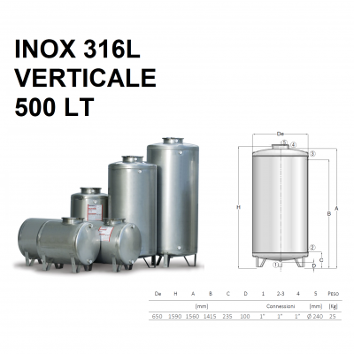 SERBATOIO ACCIAIO INOX X 316L VERTICALE DA 500 LT | CORDIVARI