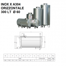 SERBATOIO IN ACCIAIO INOX X A304 ORIZZONTALE | 300 LT -  Ø 60 | CORDIVARI