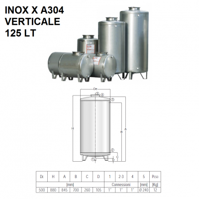 SERBATOI IN ACCIAIO INOX X A304 VERTICALI | 125LT | CORDIVARI