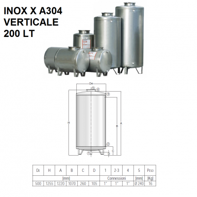 SERBATOIO IN ACCIAIO INOX X A304 VERTICALI| 200 LT |CORDIVARI