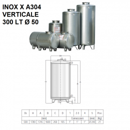 SERBATOIO IN ACCIAIO INOX X A304 VERTICALI |300 LT  Ø 50| CORDIVARI