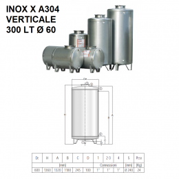 SERBATOI IN ACCIAIO INOX X A304 VERTICALI| 300 LT -  Ø 60 |CORDIVARI