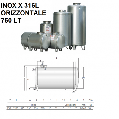 SERBATOIO ACCIAIO INOX X 316L ORIZZONTALE DA 750 LT | CORDIVARI