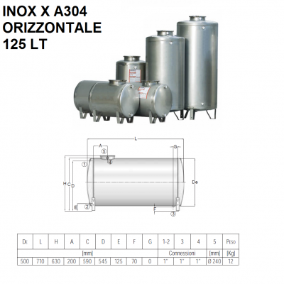 SERBATOI IN ACCIAIO INOX X A304 ORIZZONTALI | 125 LT | CORDIVARI