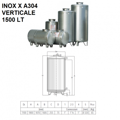 SERBATOIO DI ACCIAIO INOX X A304 VERTICALE | 1500 LT | CORDIVARI