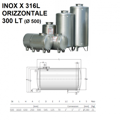 SERBATOIO ACCIAIO INOX X 316L ORIZZONTALE DA 300 LT (Ø500) | CORDIVARI