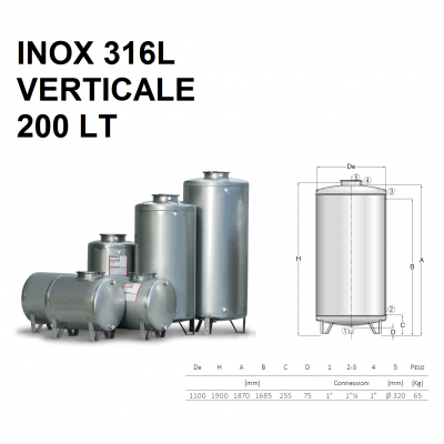 SERBATOIO ACCIAIO INOX X 316L VERTICALE DA 200 LT | CORDIVARI