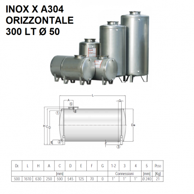 SERBATOI IN ACCIAIO INOX X A304 ORIZZONTALI | 300 LT -  Ø 50 |CORDIVARI