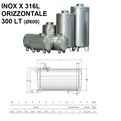 SERBATOIO ACCIAIO INOX X 316L ORIZZONTALE DA 300 LT (Ø600)|CORDIVARI