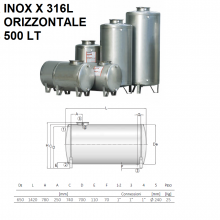 SERBATOIO ACCIAIO INOX X 316L ORIZZONTALE DA 500 LT | CORDIVARI