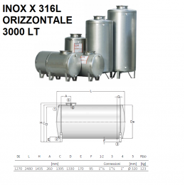 SERBATOIO ACCIAIO INOX X 316L ORIZZONTALE DA 3000 LT| CORDIVARI