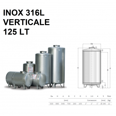 SERBATOIO ACCIAIO INOX X 316L VERTICALE DA 125 LT | CORDIVARI
