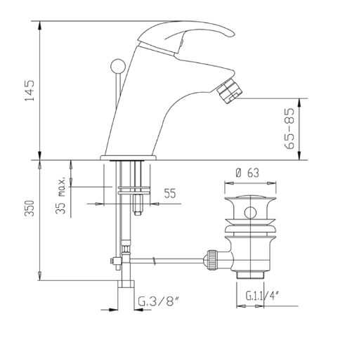 disegno tecnico e dimensioni Fromac eva miscelatore bidet