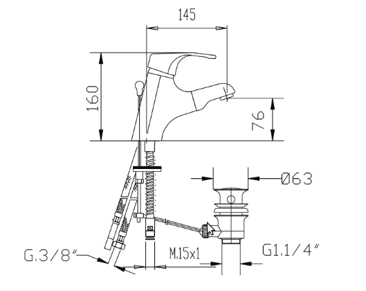 disegno tecnico rubinetto estraibile per lavabo