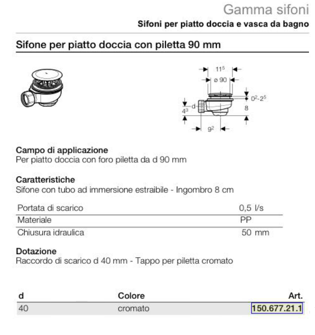 SIFONE GEBERIT  PER PIATTO DOCCIA CON PILETTA 90 MM